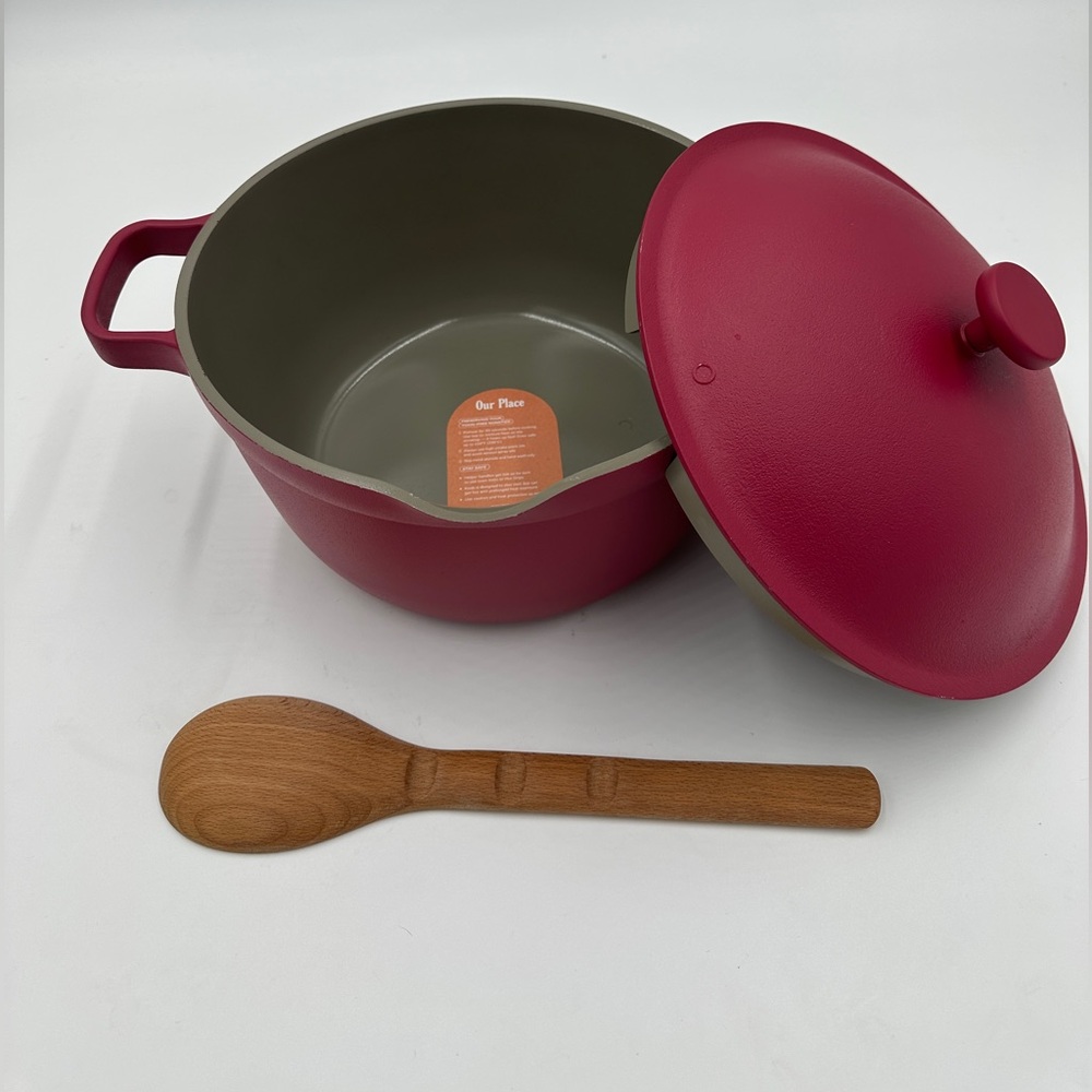 Our Place Red Perfect Pot with Lid and wooden spoon